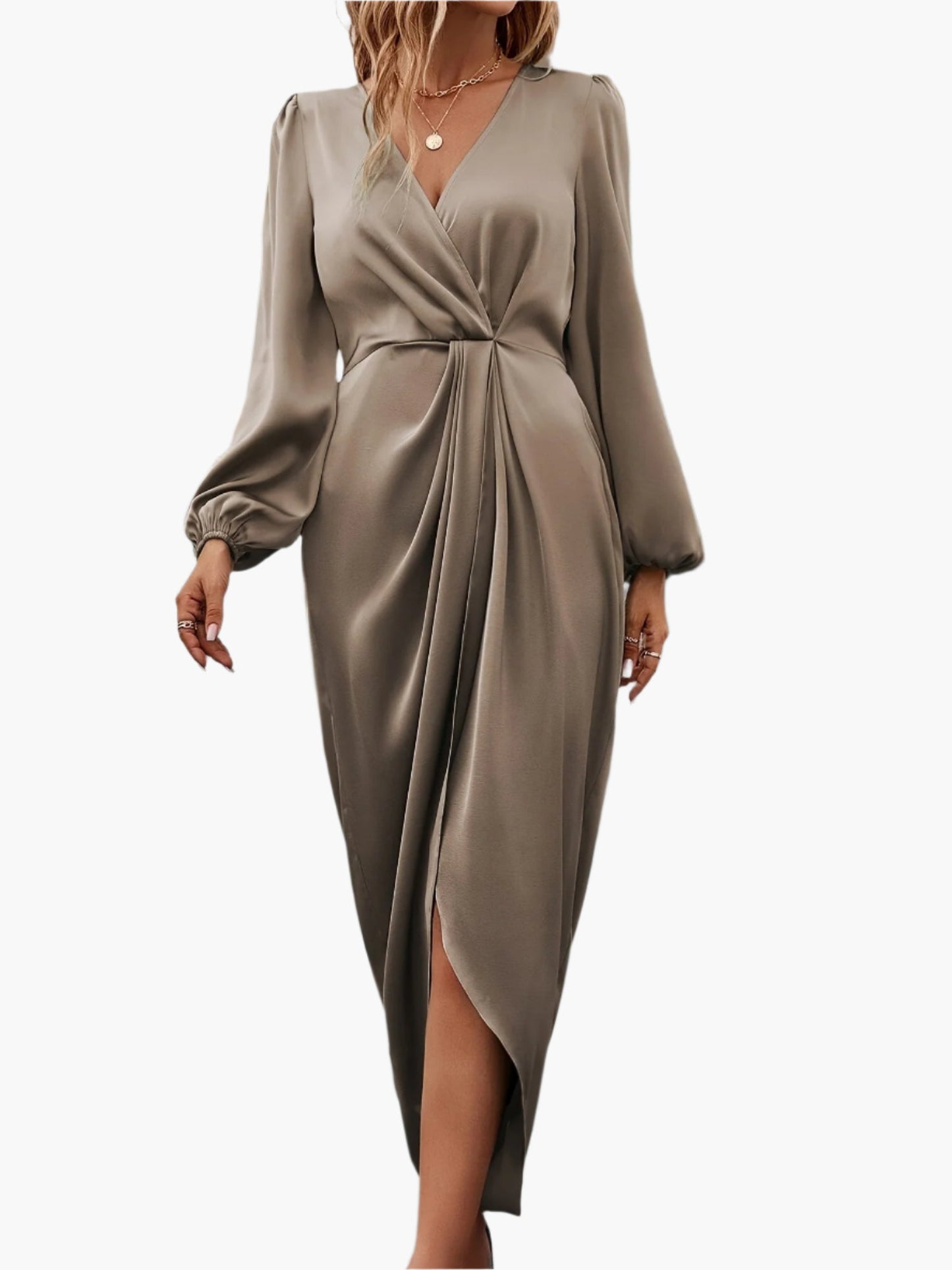 Women's Elegant Formal Wrap Surplice Neckline Ruched Midi Dress