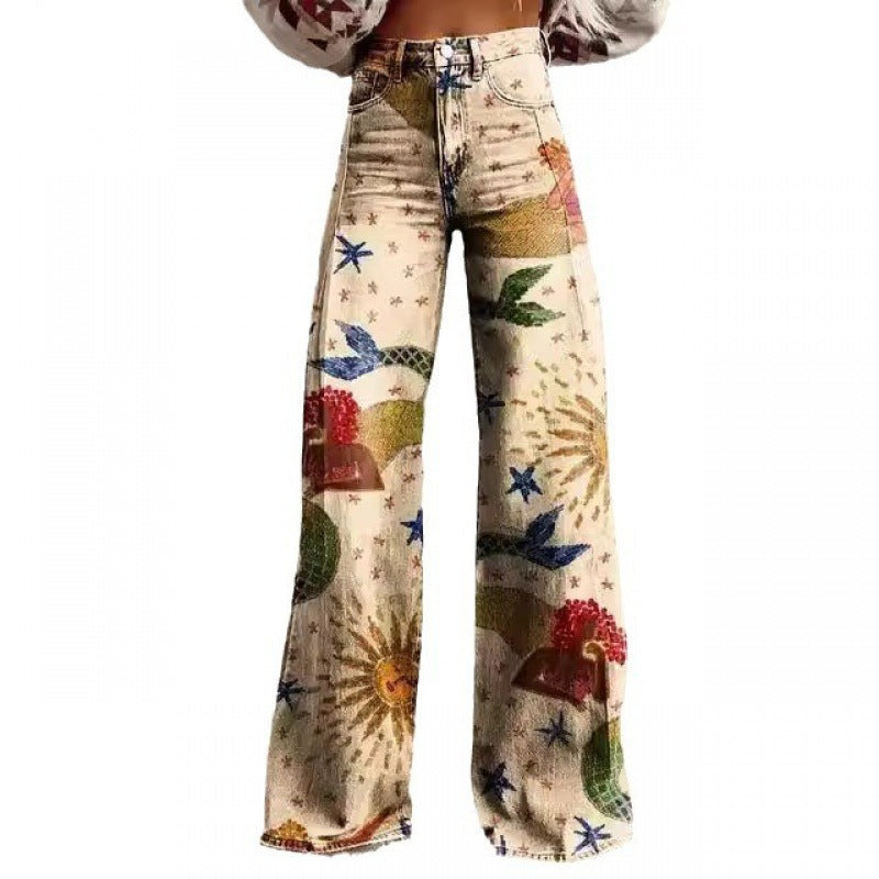 Samantha – Fashion Women's Printed High Waist Loose Thin Premium Vegan Denim Wide Leg Pants