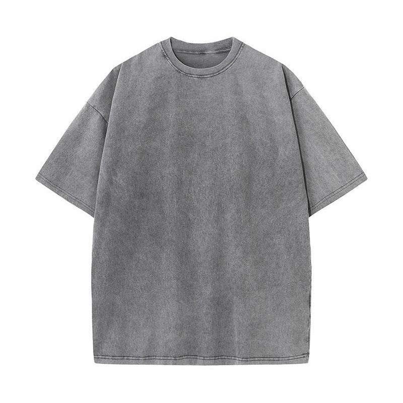 Katy – Pure Cotton Distressed T-shirt with Retro Round Neck and Short Sleeves