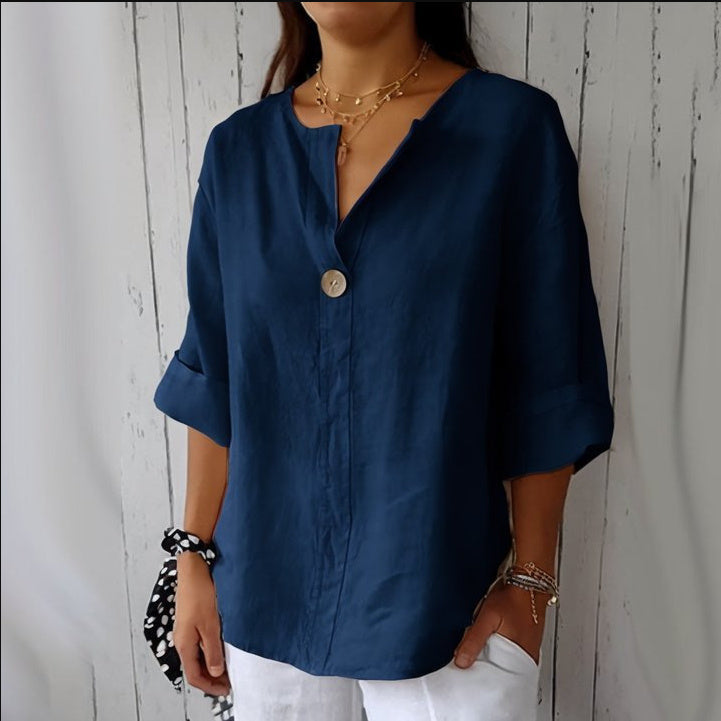Sandra – Loose Women's V-neck Cotton and Linen Button Top