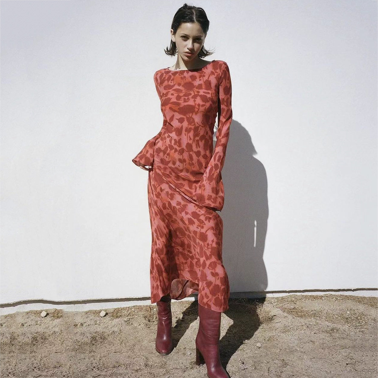 Kathleen – Long Chiffon Dress with Long Sleeves and Fitted Waist
