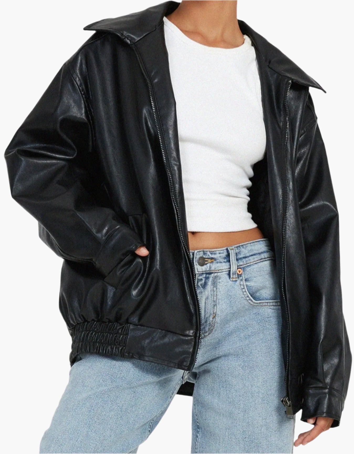 Women's Oversized Faux Leather Bomber Jacket – Trendy Relaxed Fit for Casual and Night Out Style