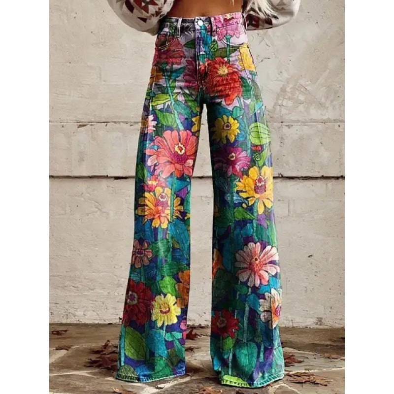 Samantha – Fashion Women's Printed High Waist Loose Thin Premium Vegan Denim Wide Leg Pants