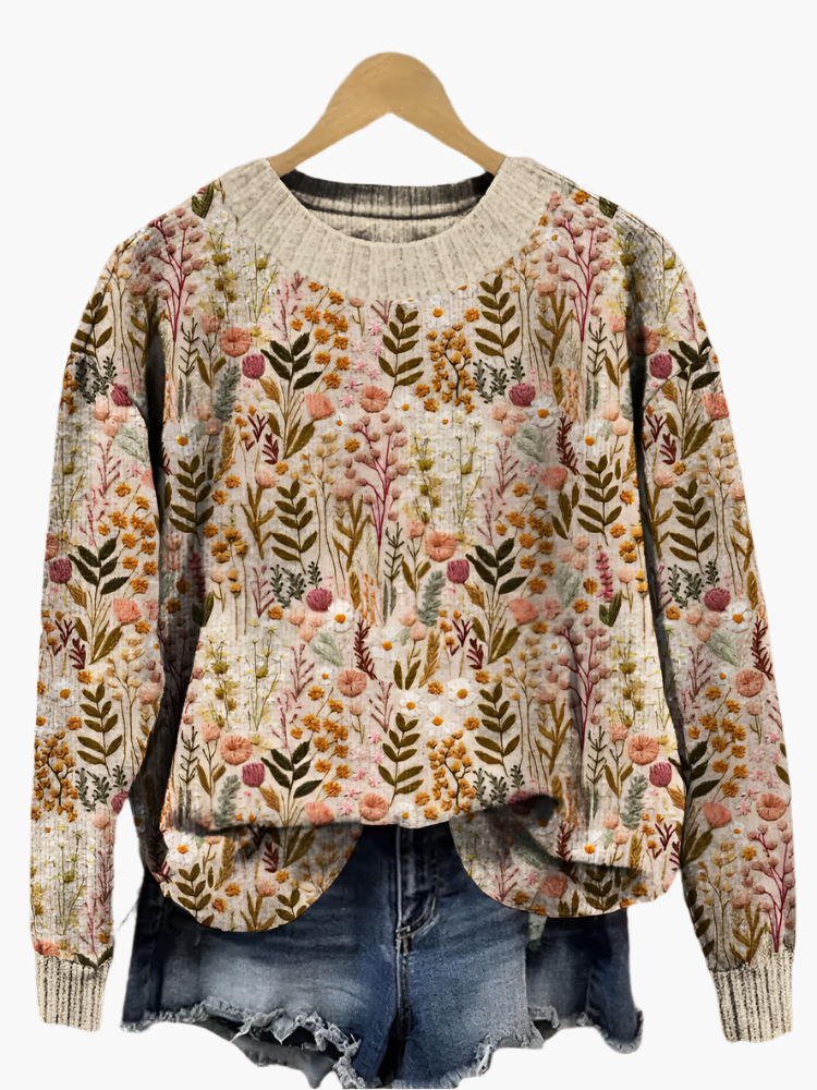 Women's Relaxed Fit Floral Pattern Knit Sweater - Casual Everyday Style