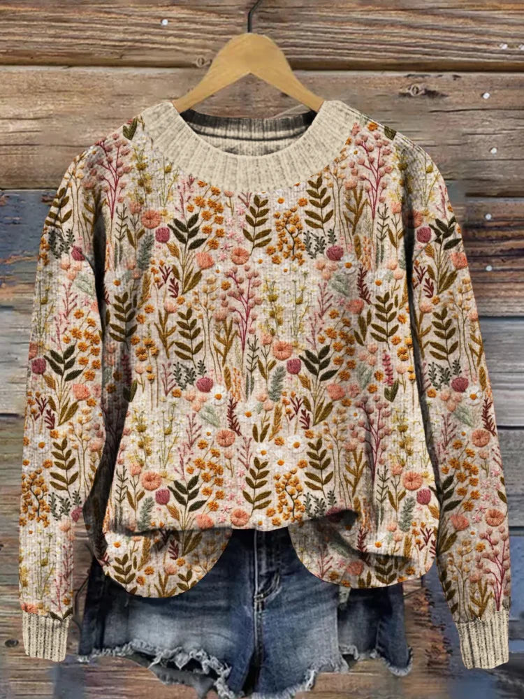 Women's Relaxed Fit Floral Pattern Knit Sweater - Casual Everyday Style