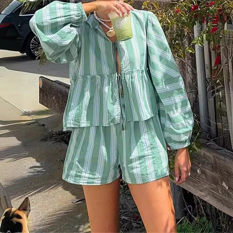 Helen – Striped Lace-up Lantern Sleeve Ruffled Top Suit