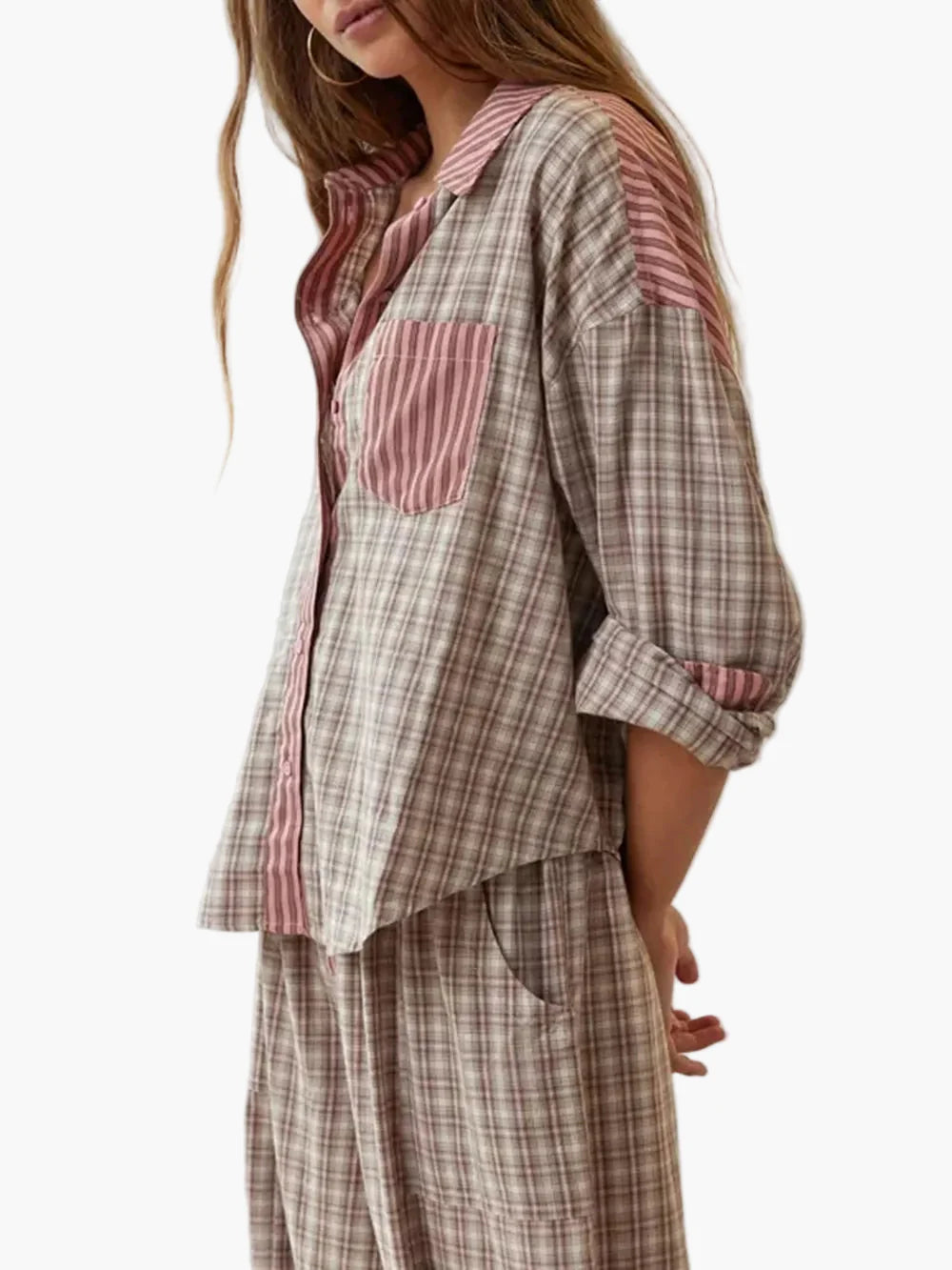 Women's Relaxed Fit Pajama Set with Striped and Plaid Accents for Cozy Loungewear and Sleepwear