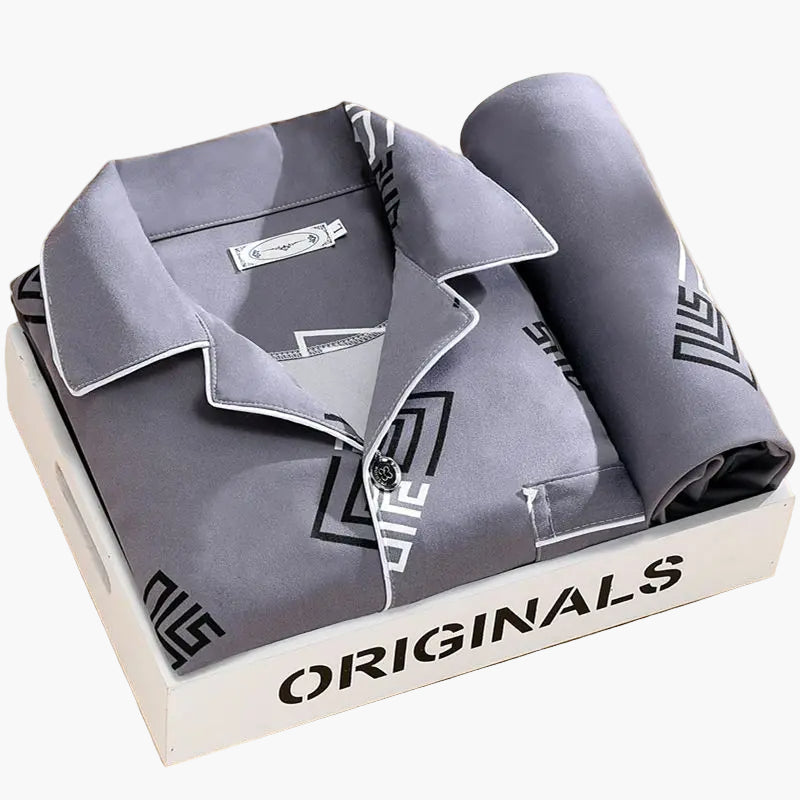 Men's Classic Feather Print Pajama Set – Long Sleeve Button Down Loungewear