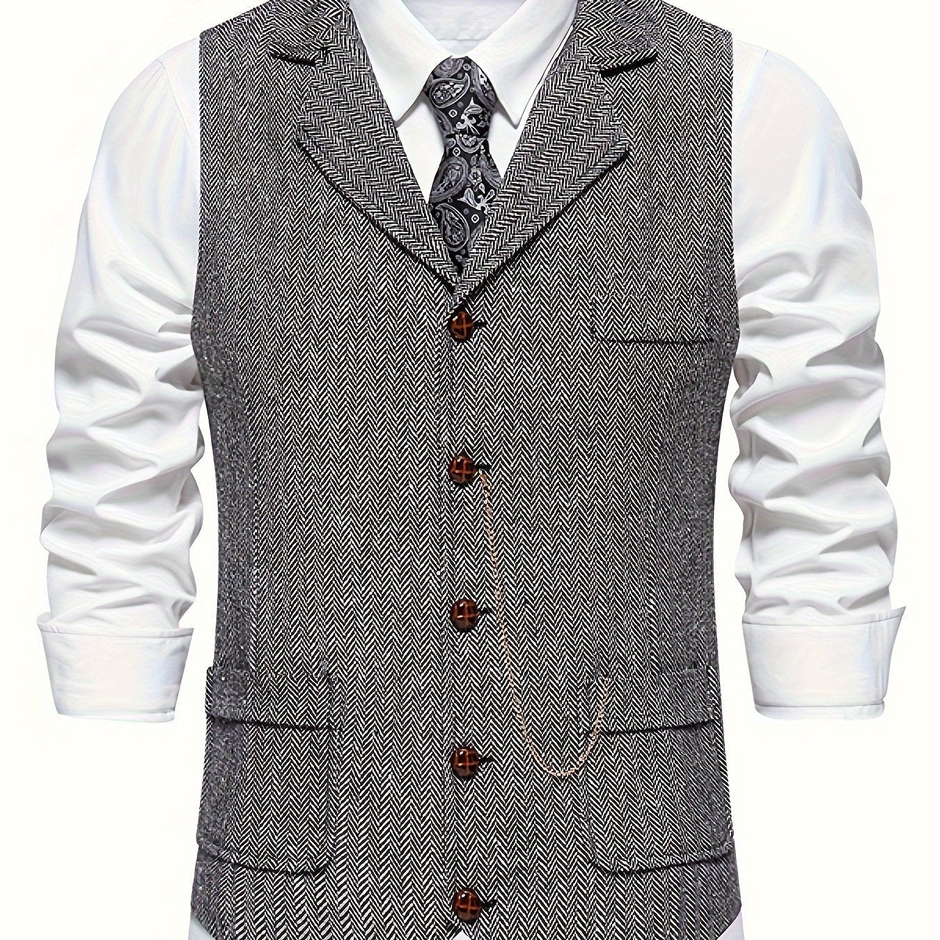 Men's Classic Herringbone Suit Vest with Lapel – Formal Business Waistcoat