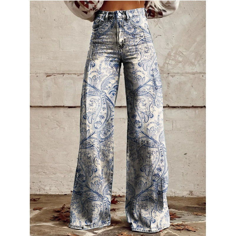 Samantha – Fashion Women's Printed High Waist Loose Thin Premium Vegan Denim Wide Leg Pants
