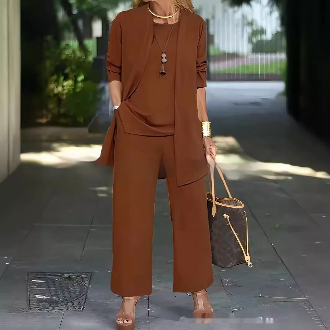 Julia – Premium Vegan Leather Split Round Neck Sleeveless Vest Top with Long Sleeve Cardigan and Wide Leg Pants Suit