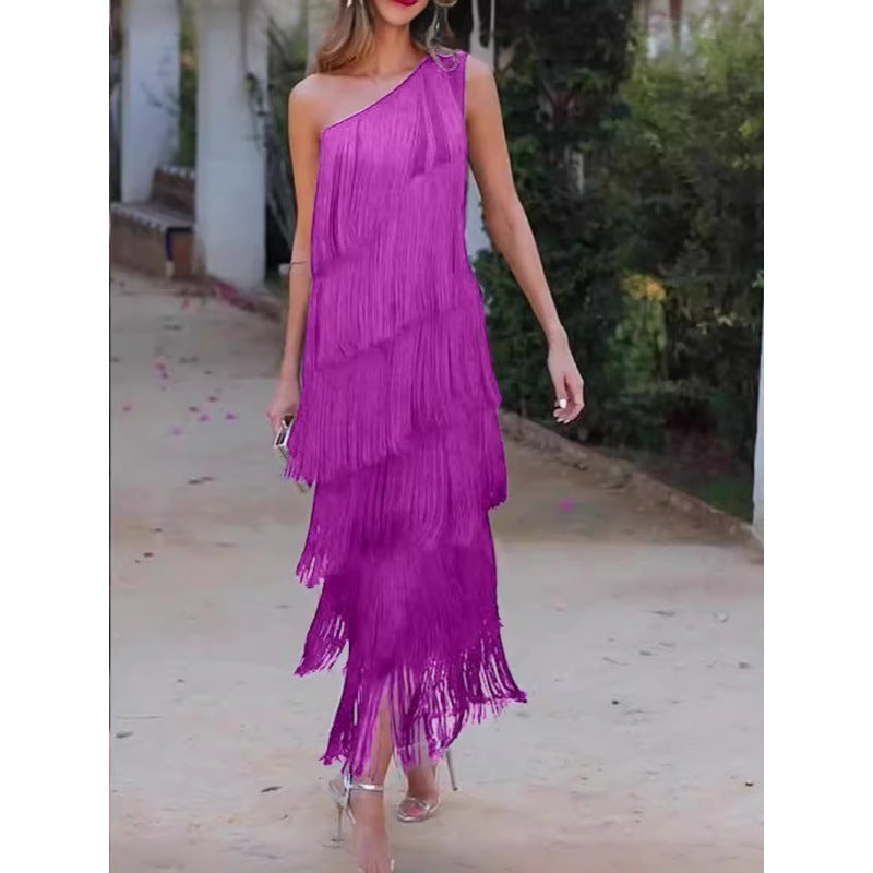 Andrea – Layered Fringe Design Dress with Diagonal Collar
