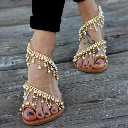 Ruth – Comfortable Flat Pearl String Bead Slippers
