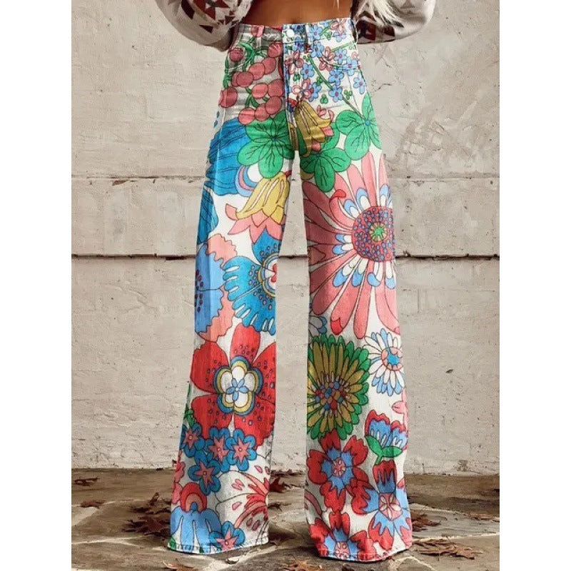 Samantha – Fashion Women's Printed High Waist Loose Thin Premium Vegan Denim Wide Leg Pants