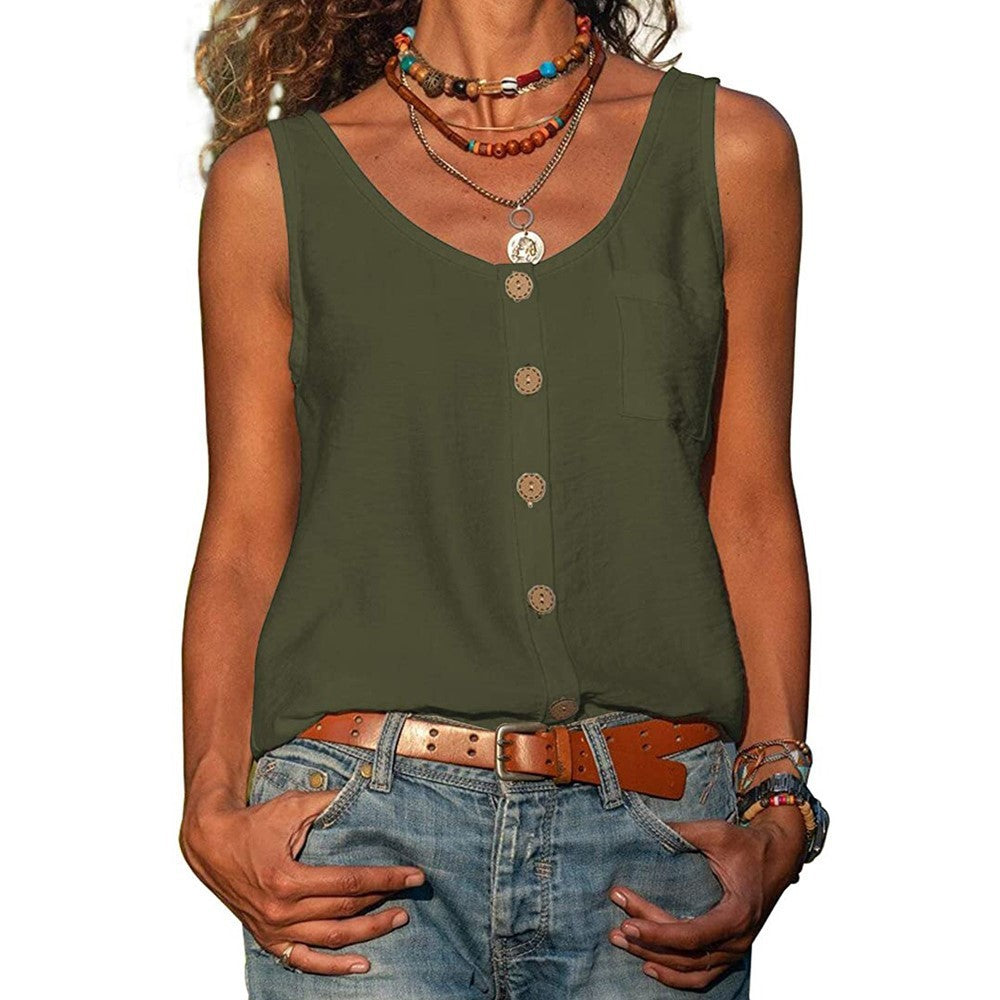 Lily – Women's Solid Color V Neck Button Sleeveless Pocket Vest Top