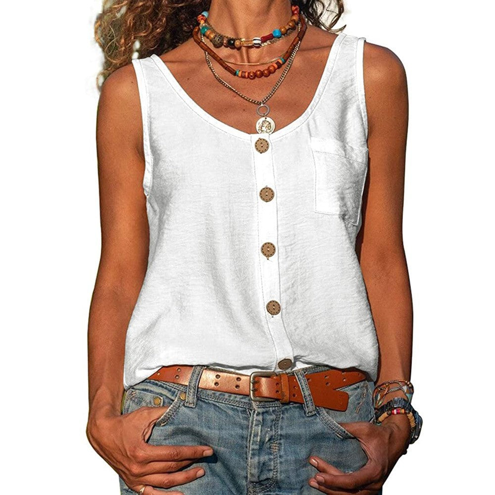 Lily – Women's Solid Color V Neck Button Sleeveless Pocket Vest Top