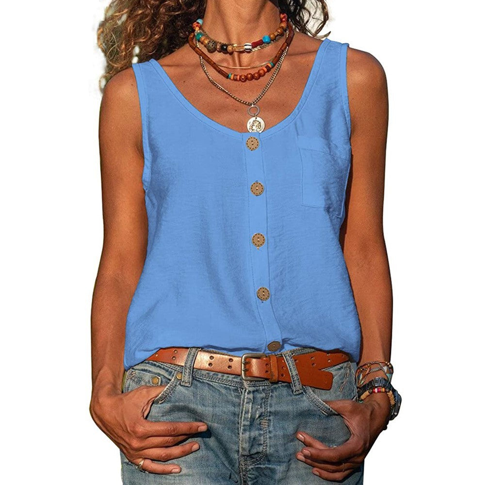 Lily – Women's Solid Color V Neck Button Sleeveless Pocket Vest Top