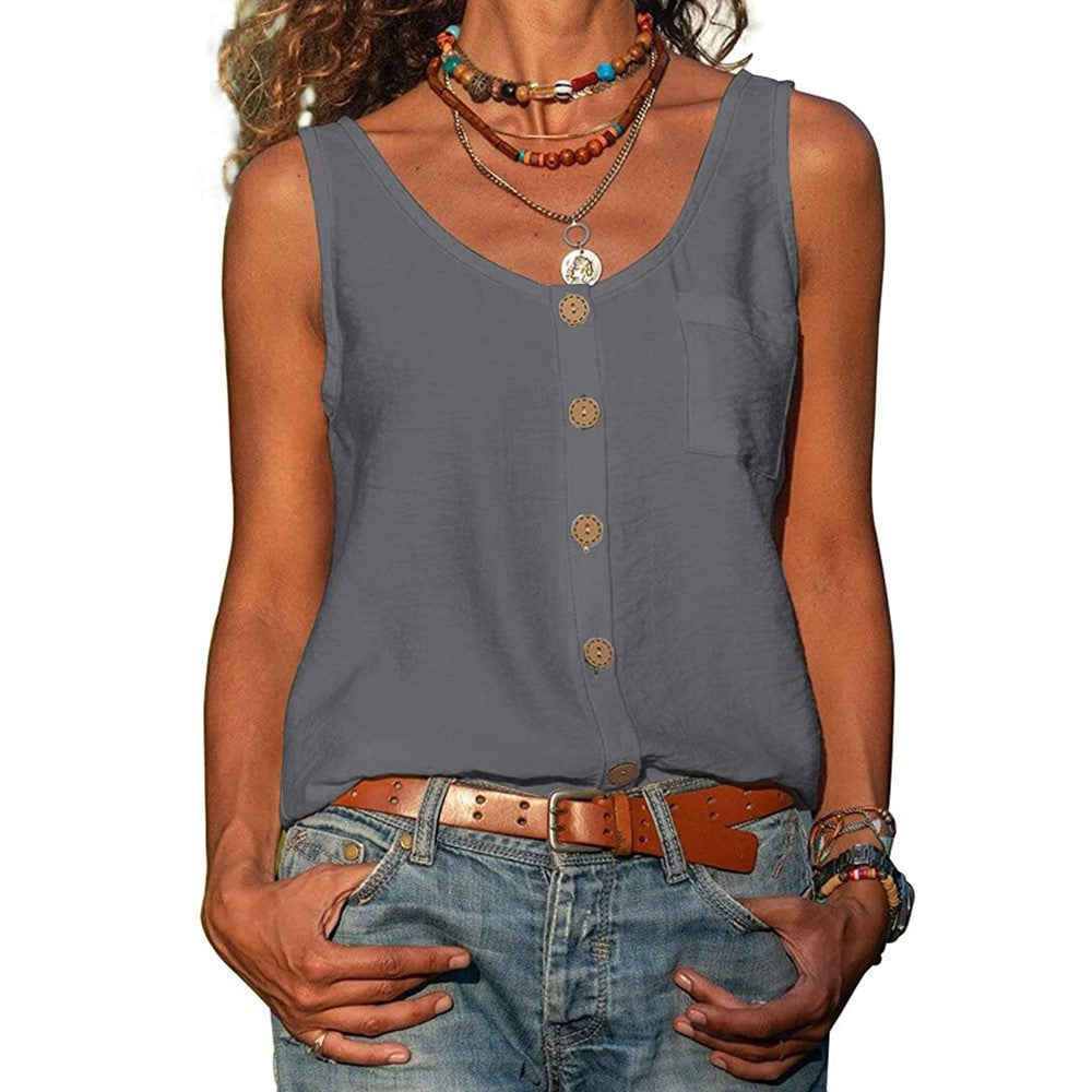 Lily – Women's Solid Color V Neck Button Sleeveless Pocket Vest Top