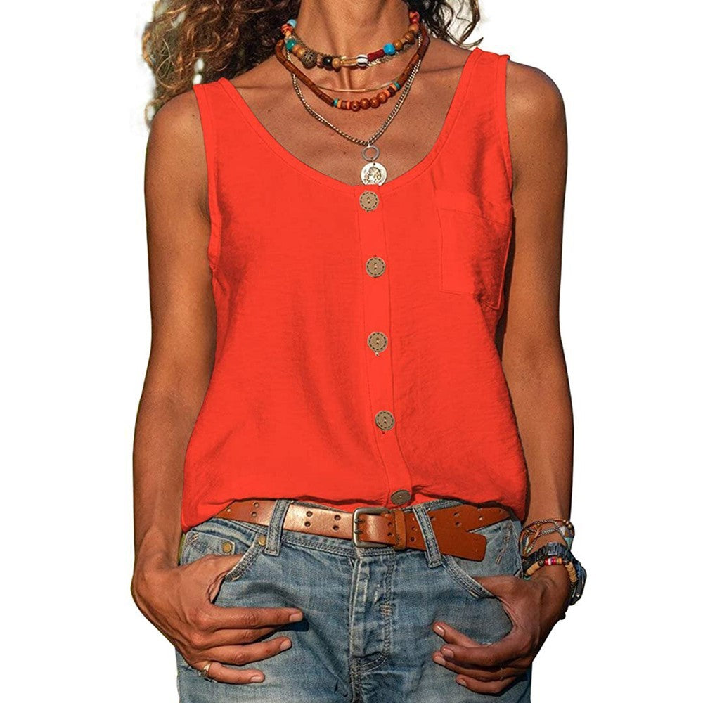 Lily – Women's Solid Color V Neck Button Sleeveless Pocket Vest Top