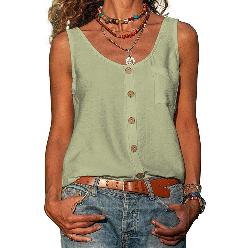 Lily – Women's Solid Color V Neck Button Sleeveless Pocket Vest Top