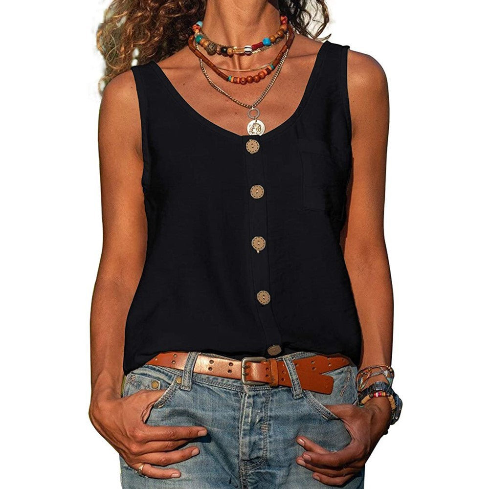 Lily – Women's Solid Color V Neck Button Sleeveless Pocket Vest Top