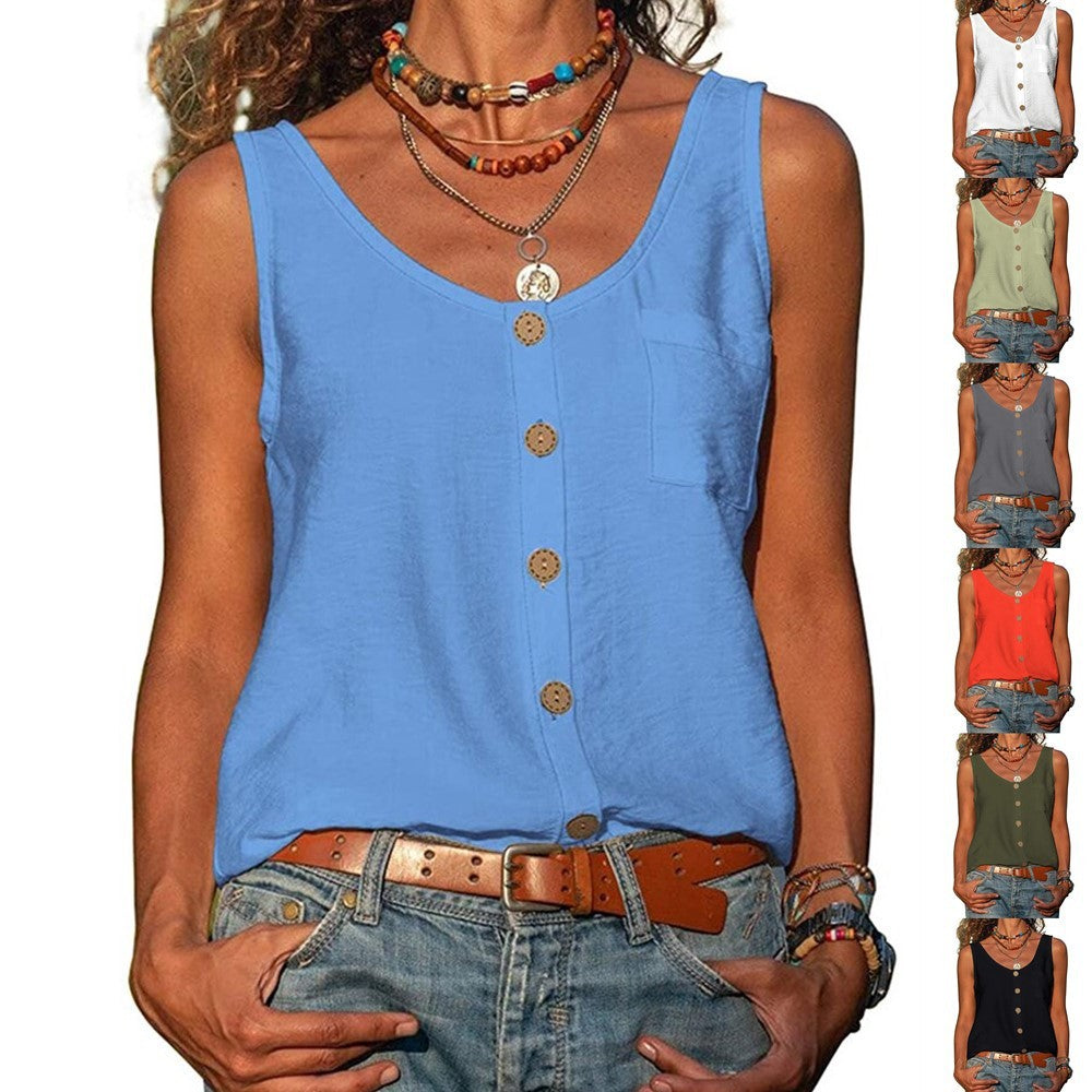 Lily – Women's Solid Color V Neck Button Sleeveless Pocket Vest Top