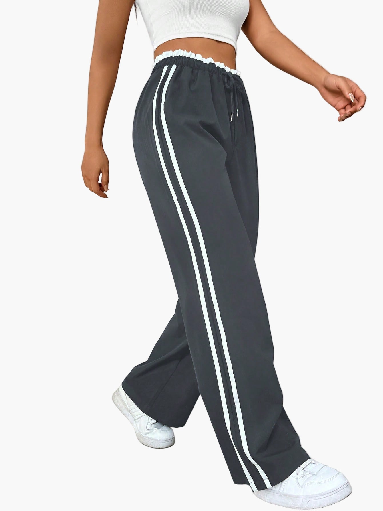 Women's Sporty Wide-Leg Track Pants with Double Side Stripes, Casual Streetwear
