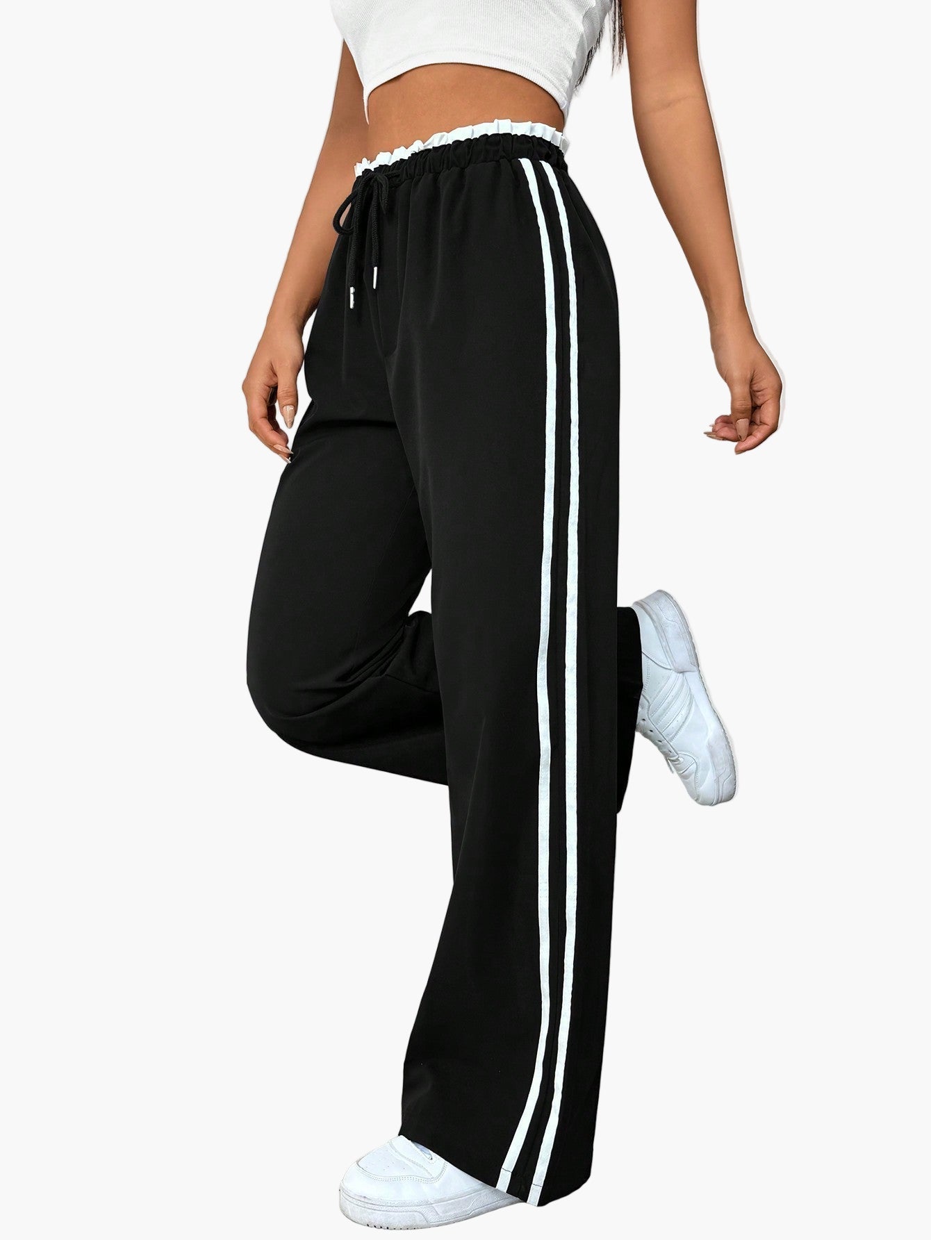 Women's Sporty Wide-Leg Track Pants with Double Side Stripes, Casual Streetwear