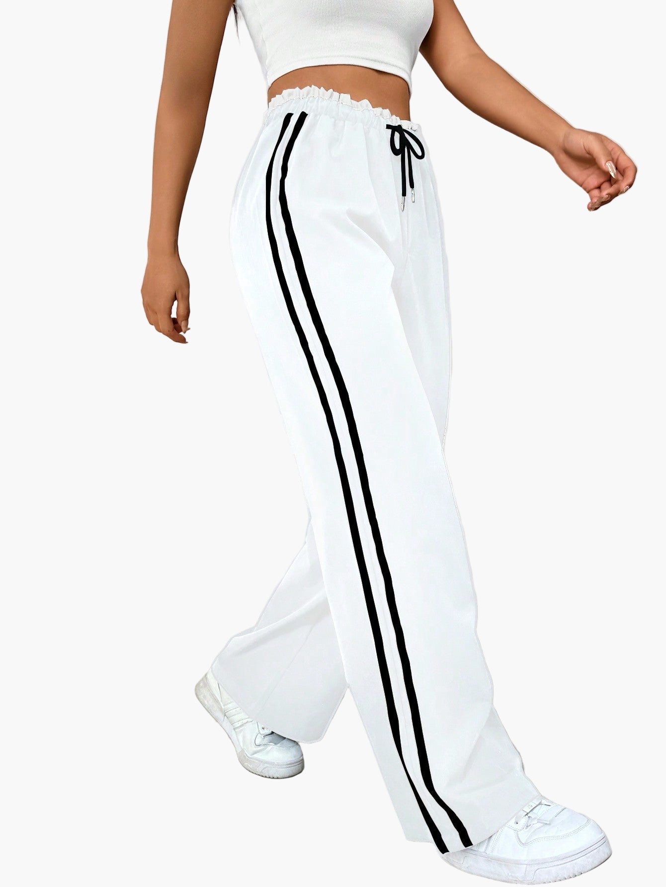 Women's Sporty Wide-Leg Track Pants with Double Side Stripes, Casual Streetwear