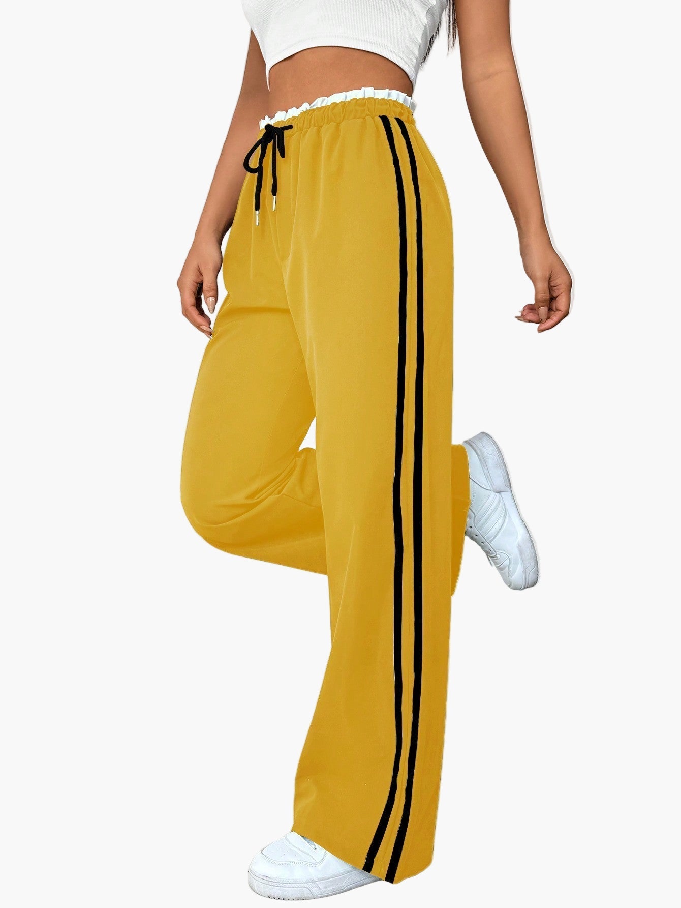 Women's Sporty Wide-Leg Track Pants with Double Side Stripes, Casual Streetwear