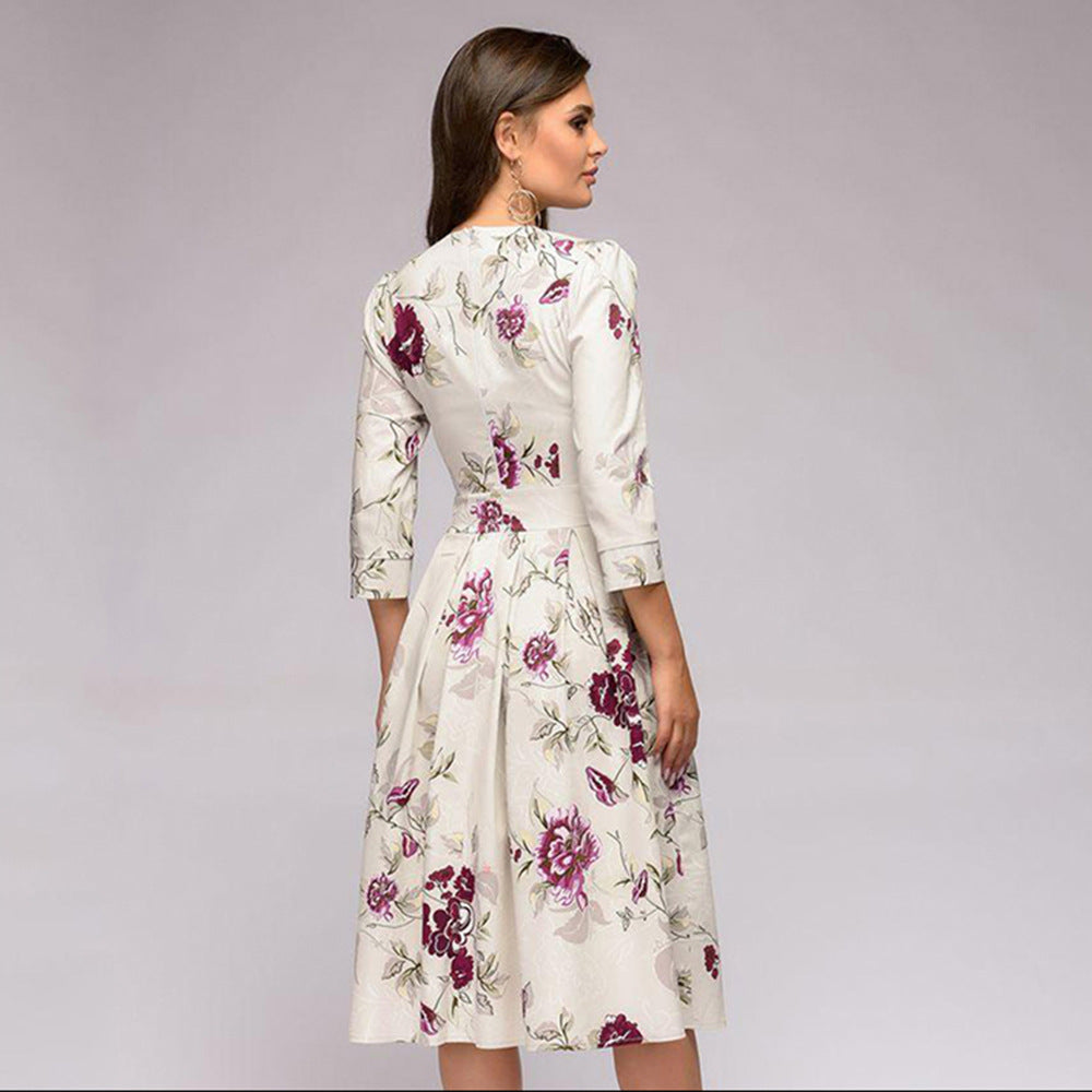 Women's Elegant Floral Print A-Line Midi Dress for Work or Special Occasions
