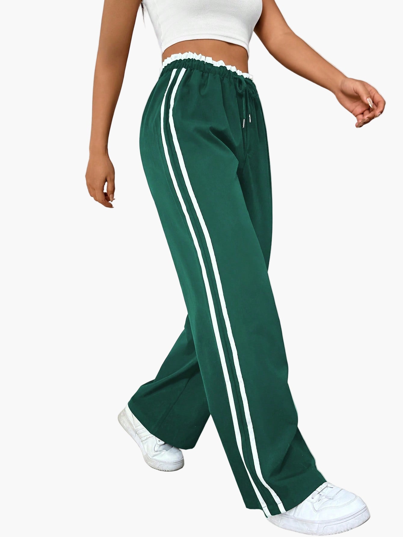 Women's Sporty Wide-Leg Track Pants with Double Side Stripes, Casual Streetwear