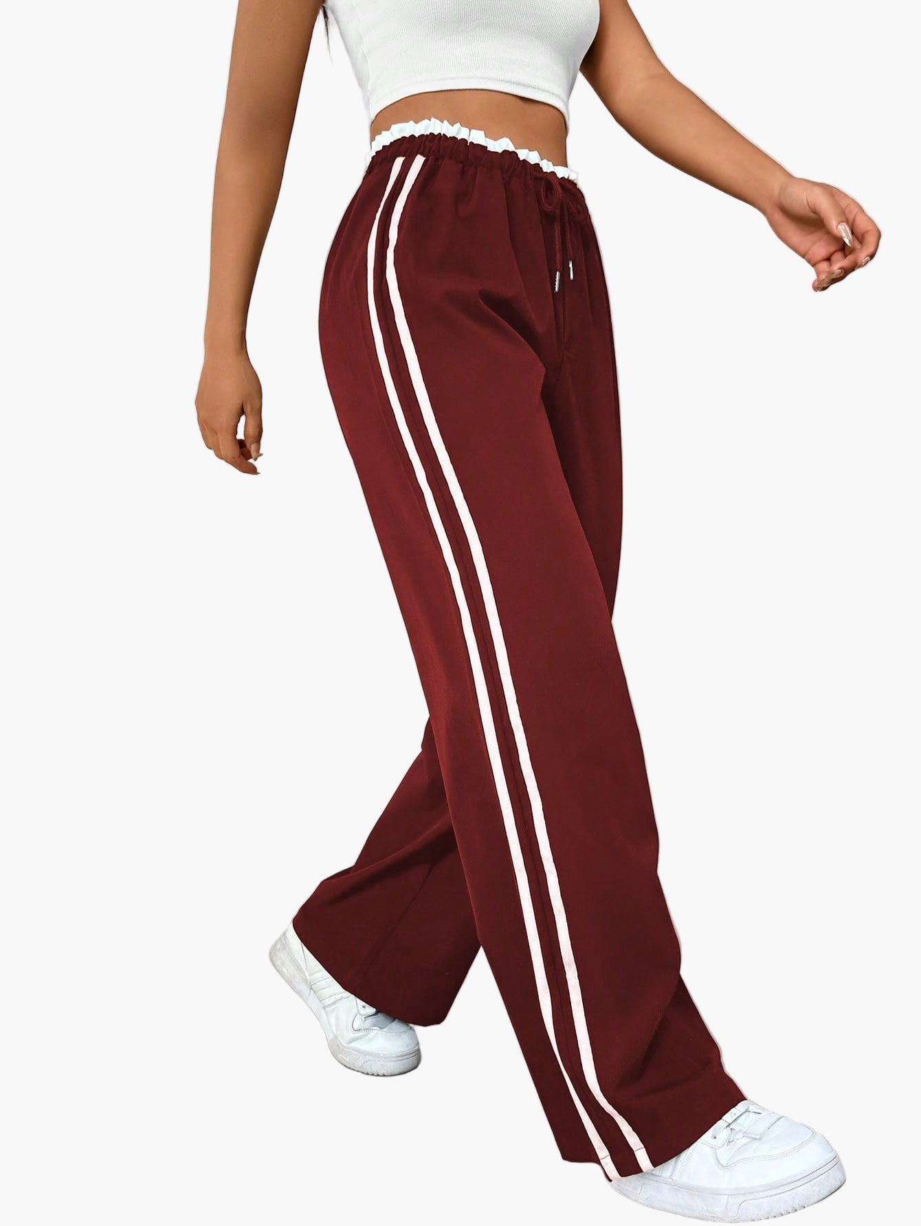 Women's Sporty Wide-Leg Track Pants with Double Side Stripes, Casual Streetwear