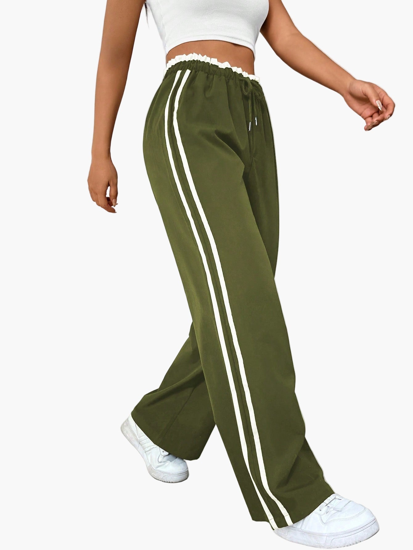 Women's Sporty Wide-Leg Track Pants with Double Side Stripes, Casual Streetwear