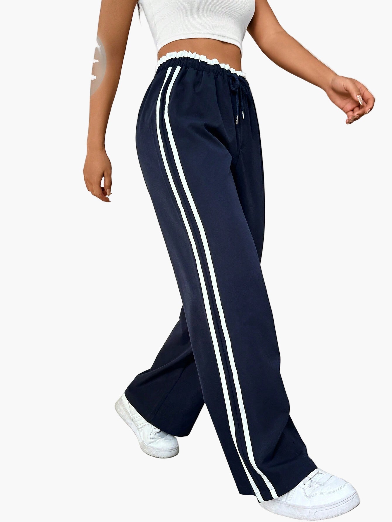 Women's Sporty Wide-Leg Track Pants with Double Side Stripes, Casual Streetwear