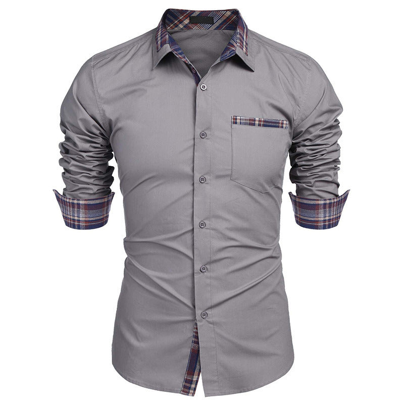 Men's Slim Fit Plaid Detail Dress Shirt, Casual Business Long Sleeve Button-Up