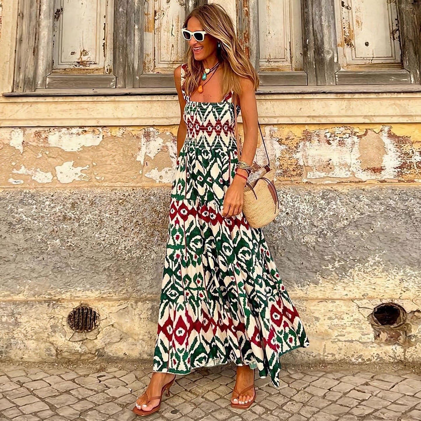 Helen – Elegant Floral Print French Strap Summer Dress