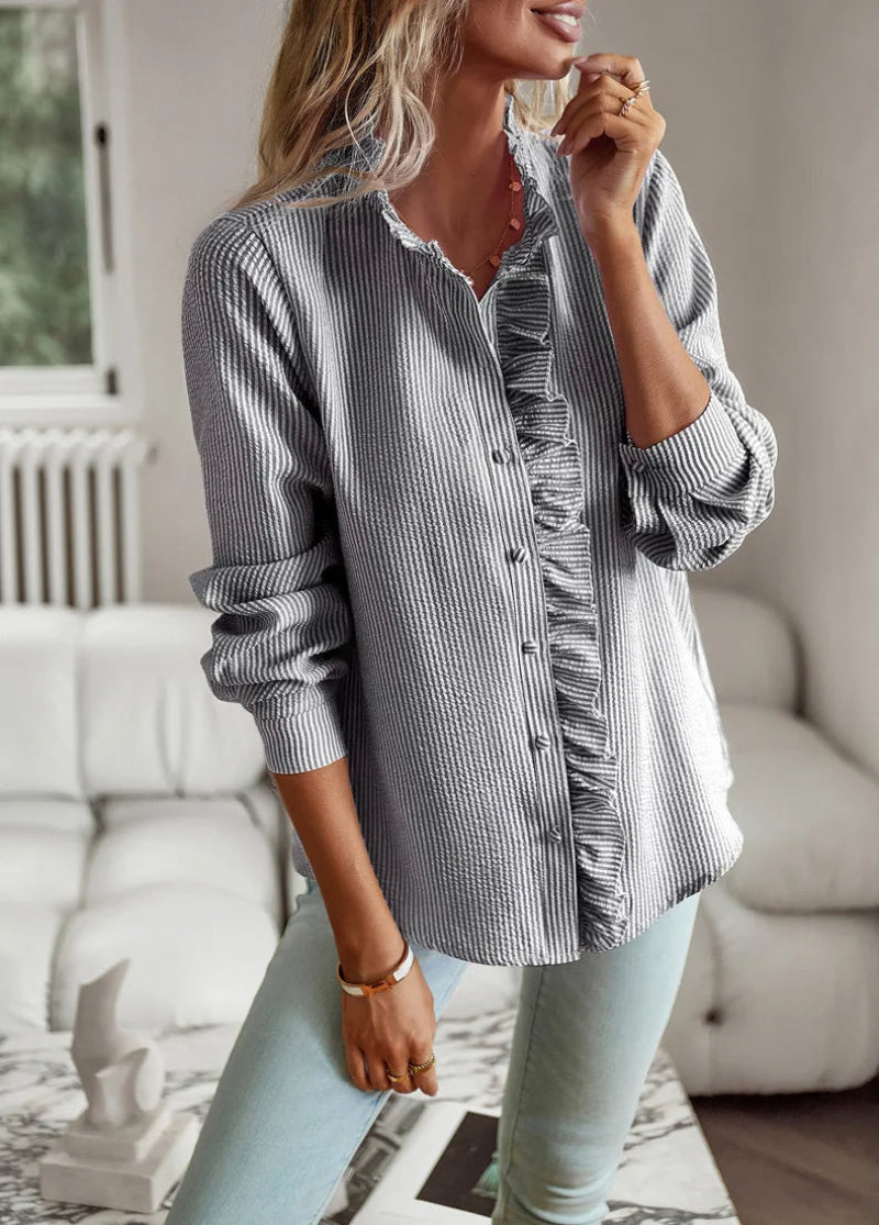 Women's Ruffled Button-Up Casual Blouse – Elegant Versatile Office & Everyday Style