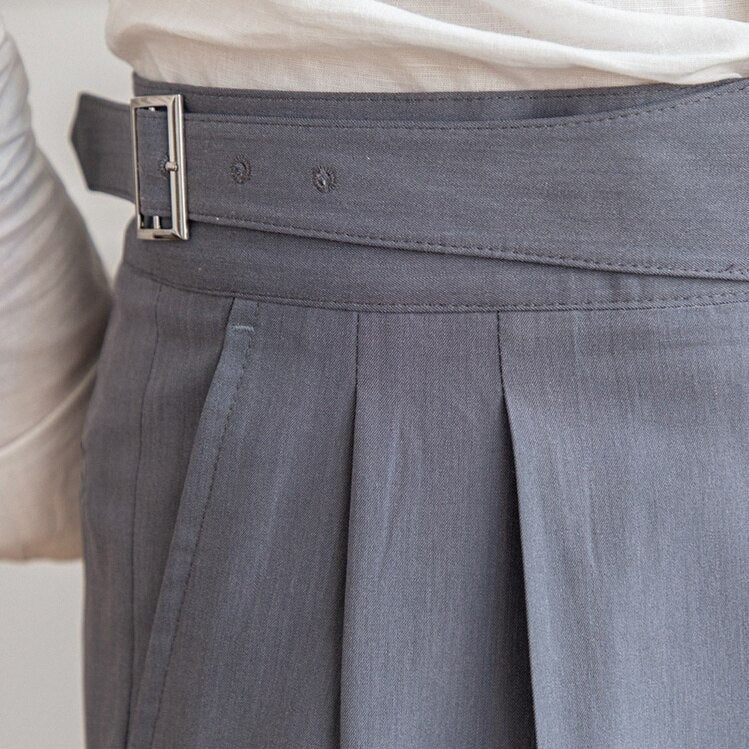 Men's High-Waisted Tailored Pleated Trousers with Adjustable Side Buckle – Elegant Formal & Business Casual Pants