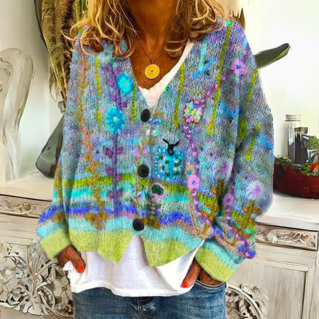 Women's Artistic Boho Knit Cardigan Sweater – Casual Statement Layer for Winter and Fall