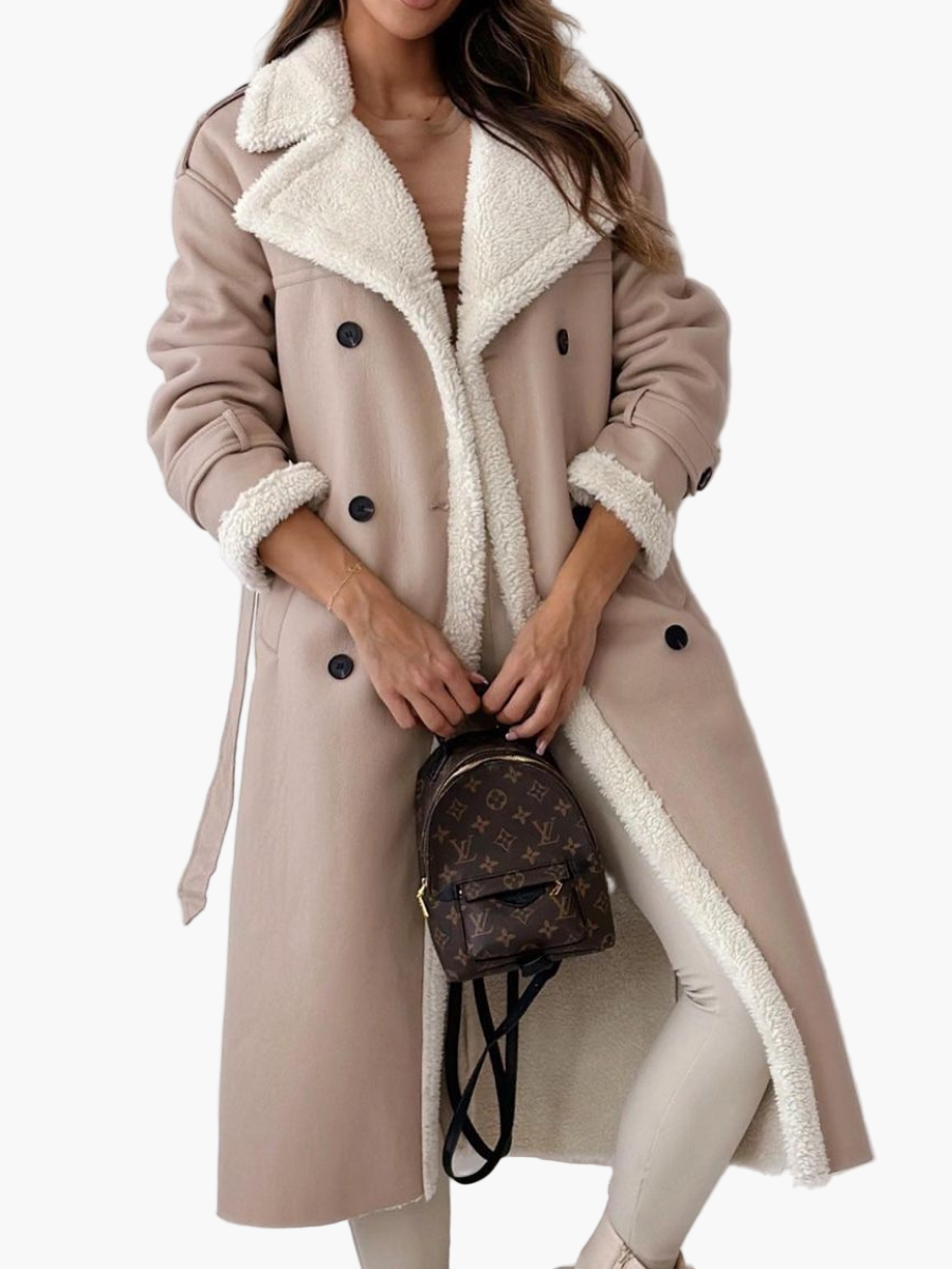 Women's Elegant Long Teddy Collar Coat – Classic Double-Breasted Winter Outerwear