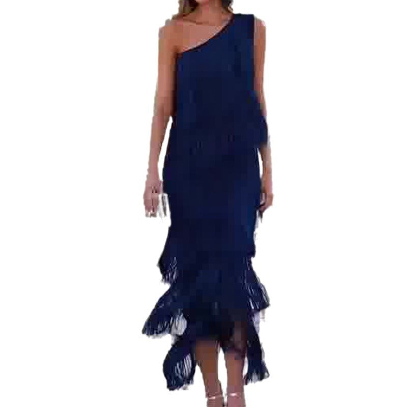 Andrea – Layered Fringe Design Dress with Diagonal Collar