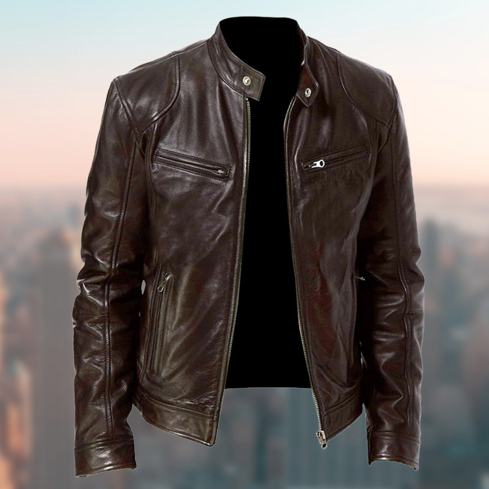 Denise – Warm Zipper Cardigan with Pocket Decorated in Premium Vegan Leather