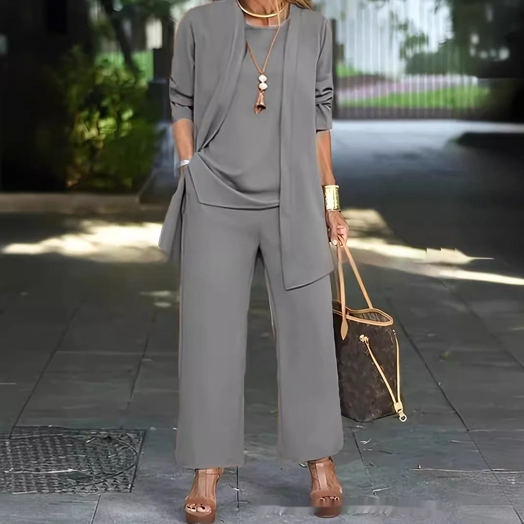 Julia – Premium Vegan Leather Split Round Neck Sleeveless Vest Top with Long Sleeve Cardigan and Wide Leg Pants Suit