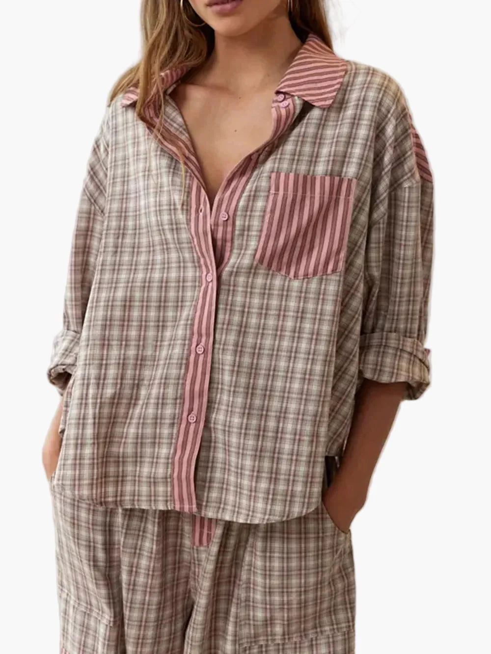 Women's Relaxed Fit Pajama Set with Striped and Plaid Accents for Cozy Loungewear and Sleepwear