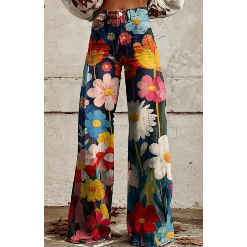 Samantha – Fashion Women's Printed High Waist Loose Thin Premium Vegan Denim Wide Leg Pants