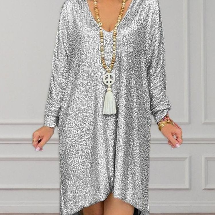 Women's Sequin A-Line Party Dress with Princess Sleeves, Elegant Commute Style