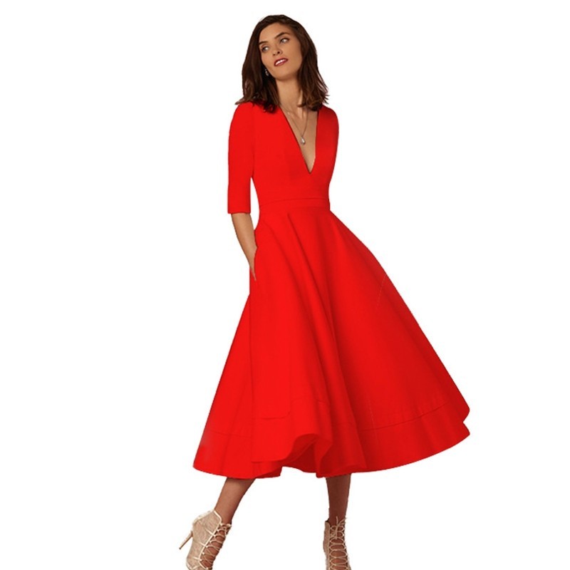 Women's Elegant V-Neck Midi Princess Dress with Sleeves for Special Occasions