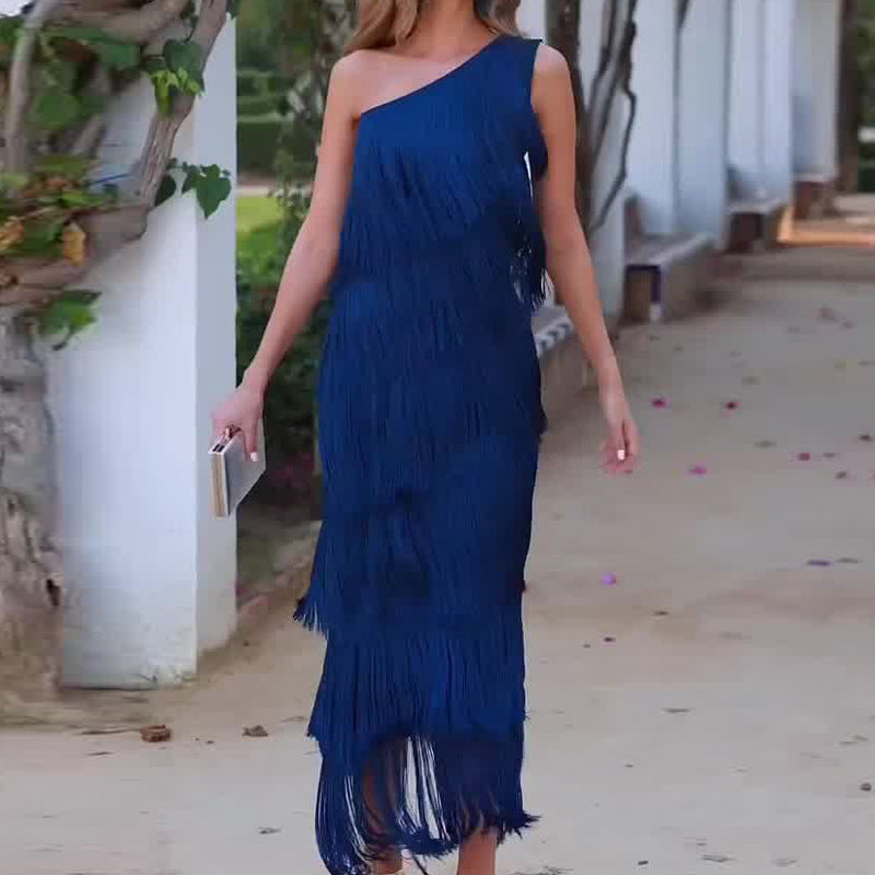 Andrea – Layered Fringe Design Dress with Diagonal Collar