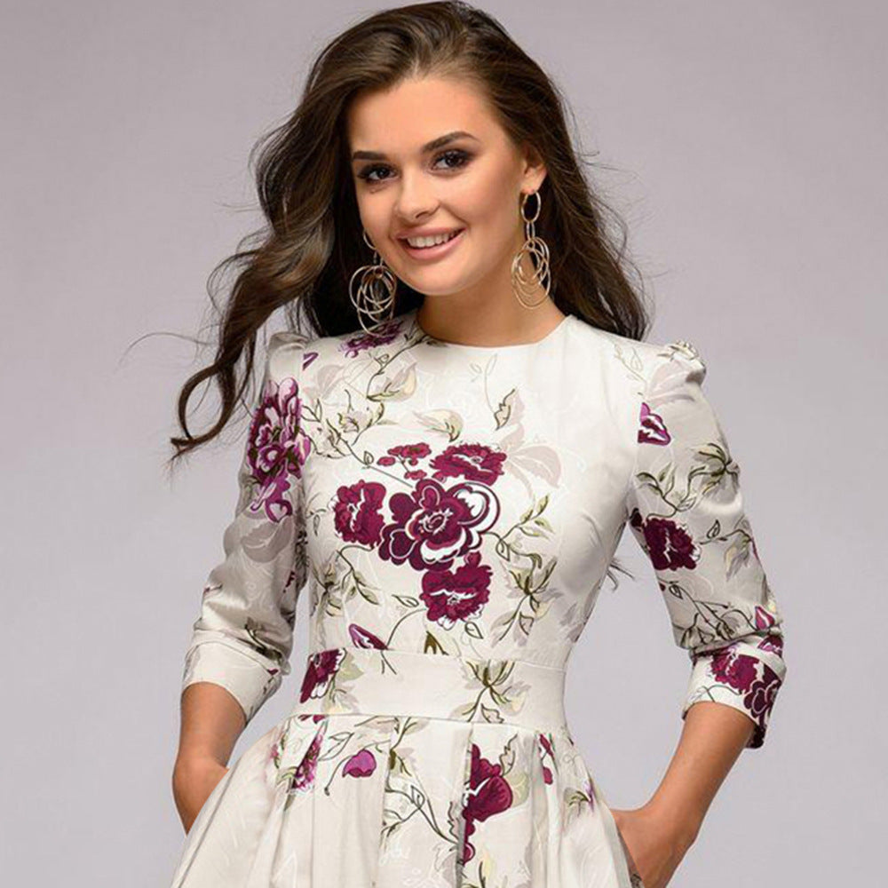Women's Elegant Floral Print A-Line Midi Dress for Work or Special Occasions